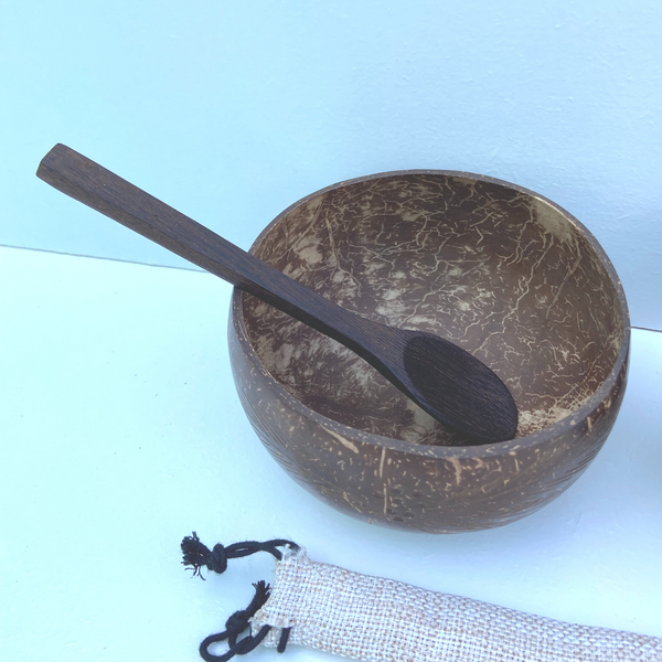 Coconut Bowls (2) Wooden Spoons (2) & Bamboo Straw (1) Set
