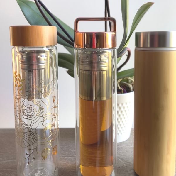 Glass Travel Infuser Mug with Rose Gold Handle