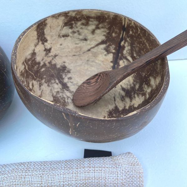 Coconut Bowls (2) Wooden Spoons (2) & Bamboo Straw (1) Set