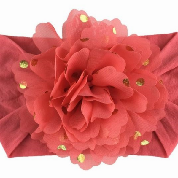 Handmade Nylon Flower Headband with Golden Polka Dots