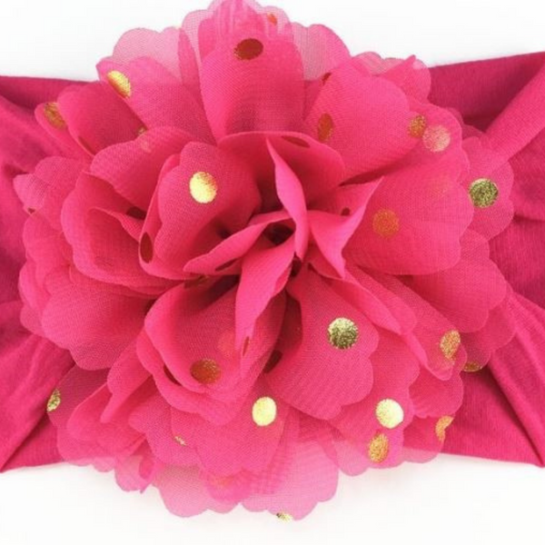 Handmade Nylon Flower Headband with Golden Polka Dots
