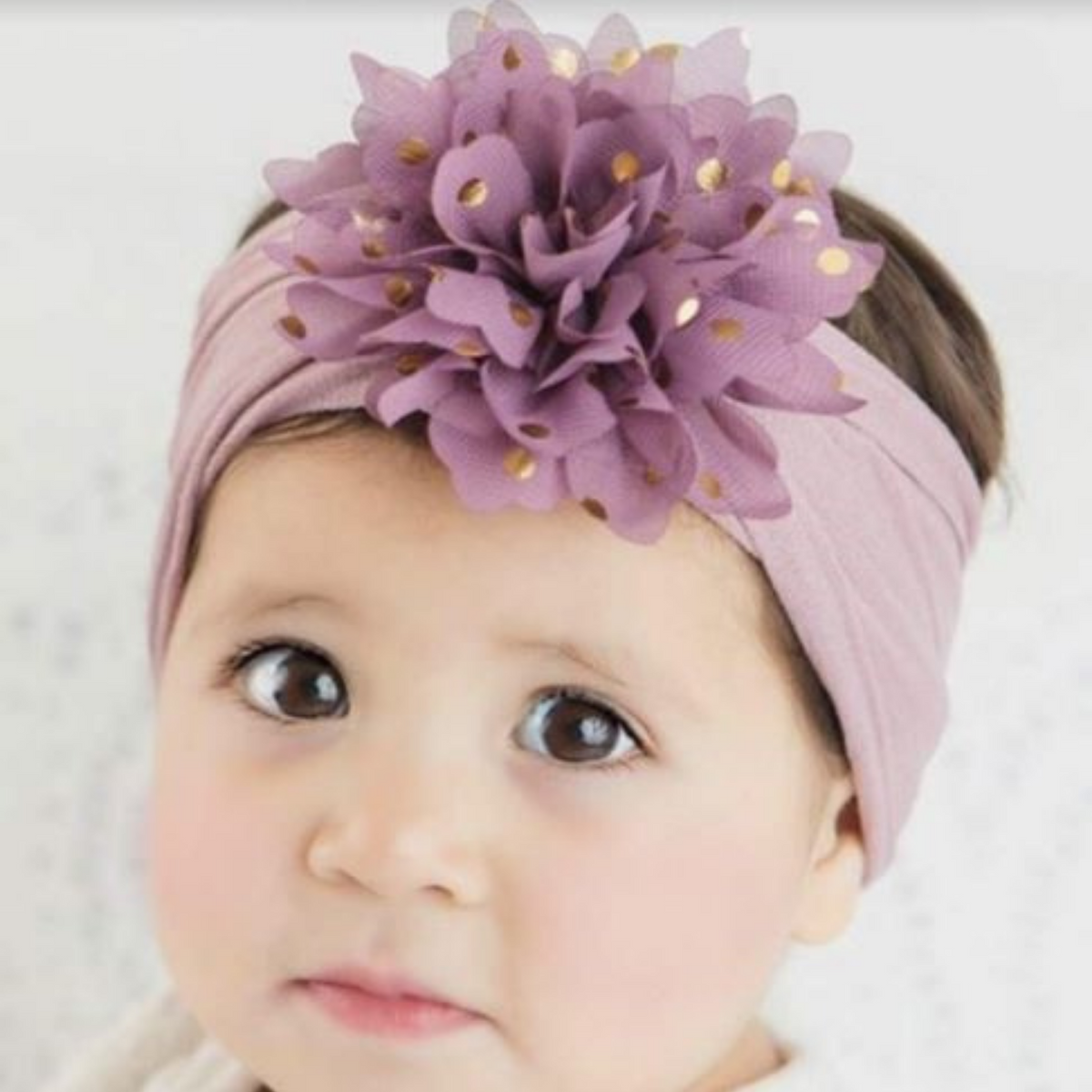 Handmade Nylon Flower Headband with Golden Polka Dots – Rose-Blossom